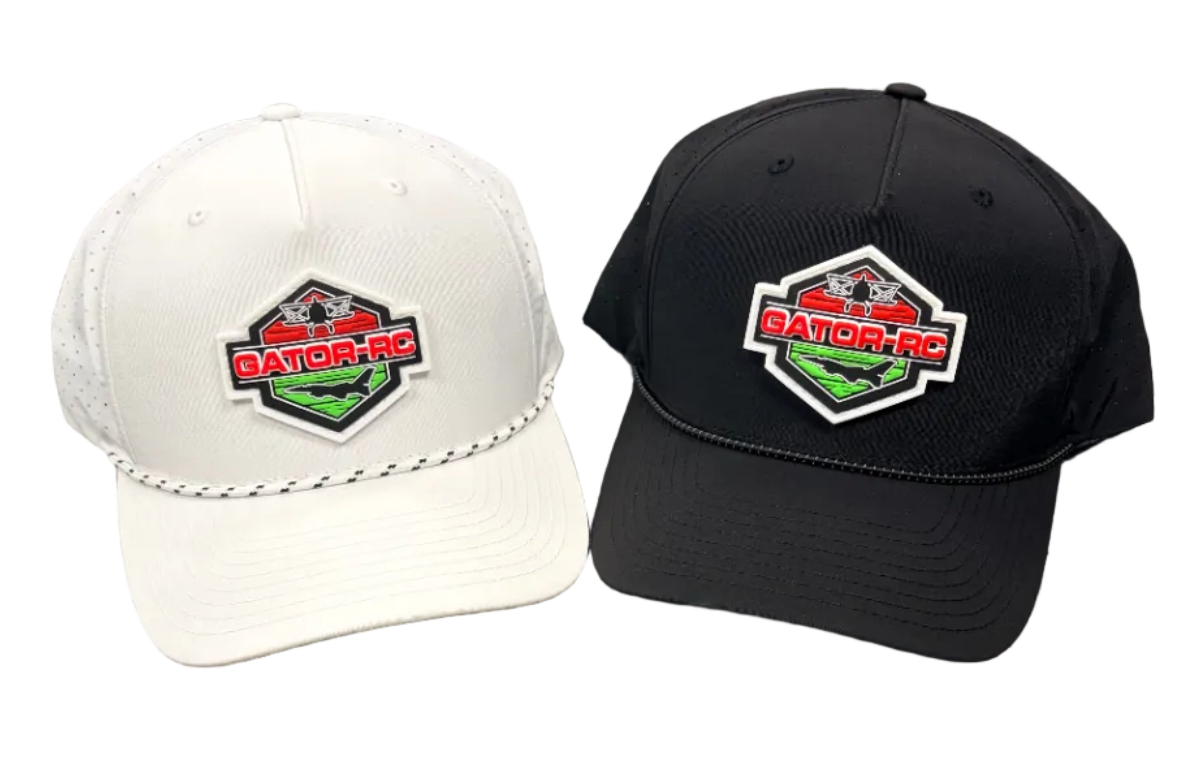 Two baseball caps, one white and one black, with a Gator RC logo on a white background.