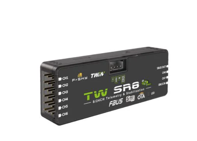 Black electronic device with multiple ports and branding on a white. FrSky Twin TW SR8 Stabilized Receiver – Dual 2.4GHz Telemetry (8CH)background