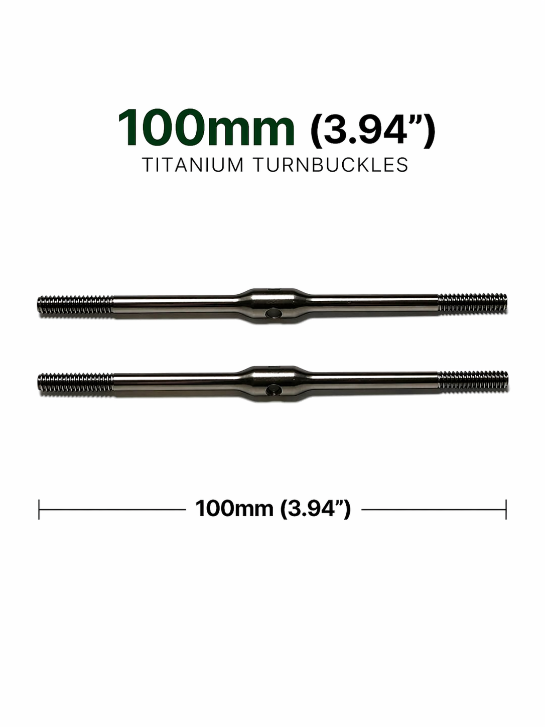 Two titanium turnbuckles with measurement details on a white background