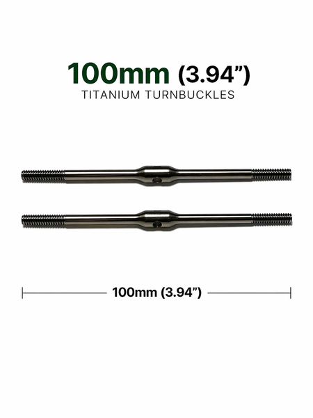 Two titanium turnbuckles with measurement details on a white background