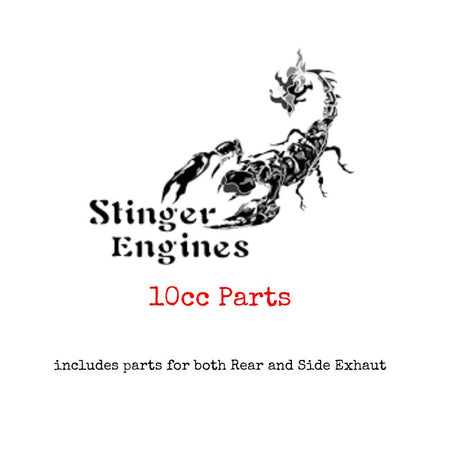 Stinger Engines logo with a scorpion illustration and text about 10cc parts on a white background