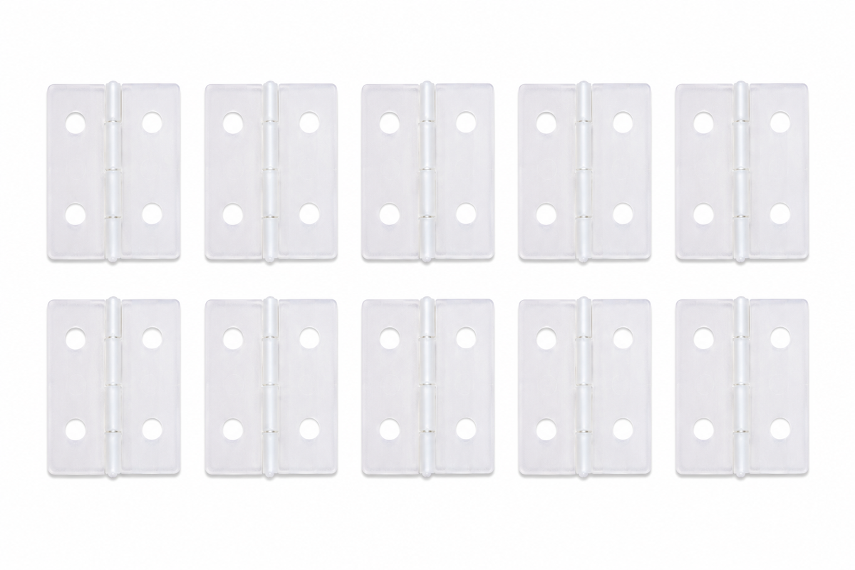 Set of twelve white hinges on a white background