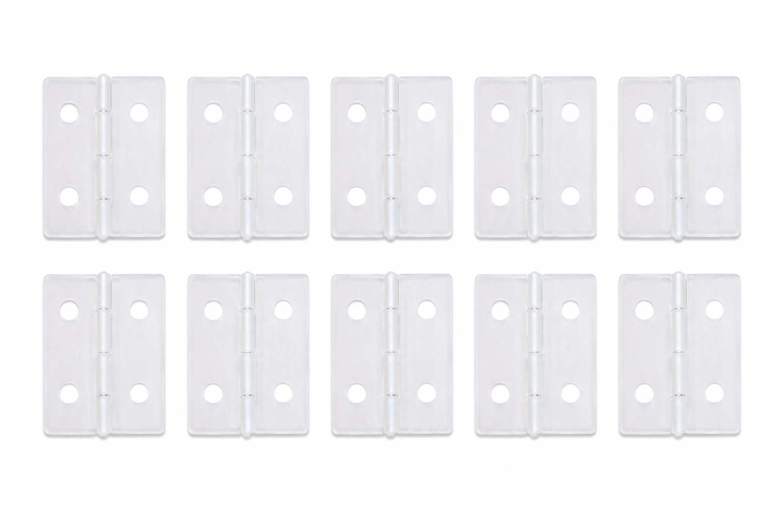 Set of twelve white hinges on a white background