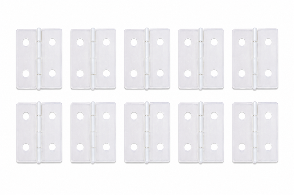 Set of twelve white hinges on a white background