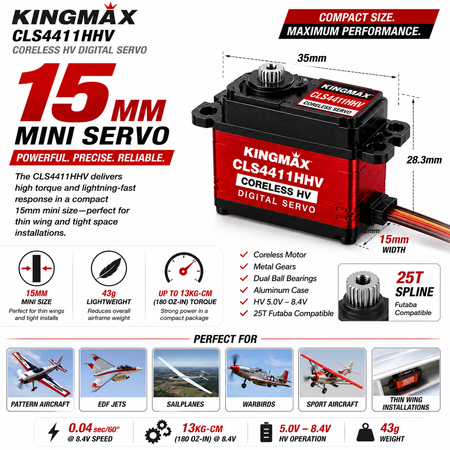 Kingmax CLS4411HHV coreless HV digital servo with specifications and applications on a white background