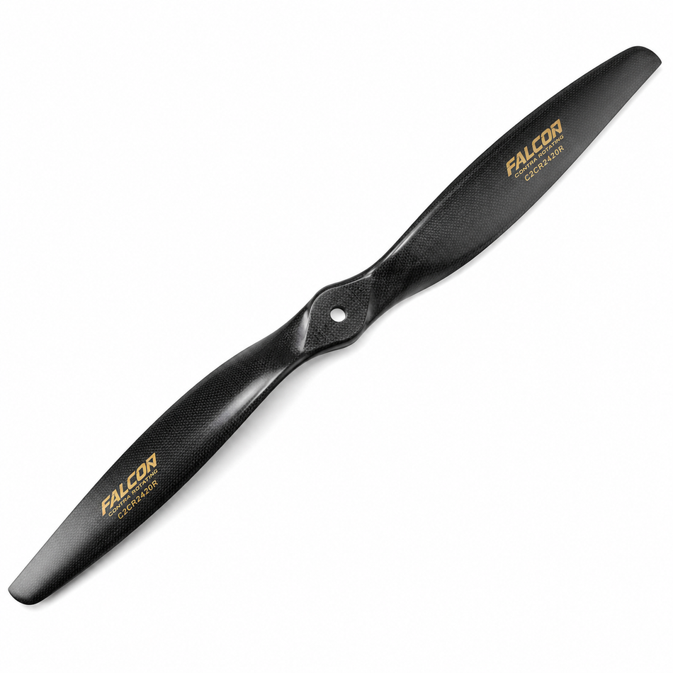 A black carbon fiber twin-blade drone propeller with gold FALCON brand lettering, shown diagonally on a plain white background.
