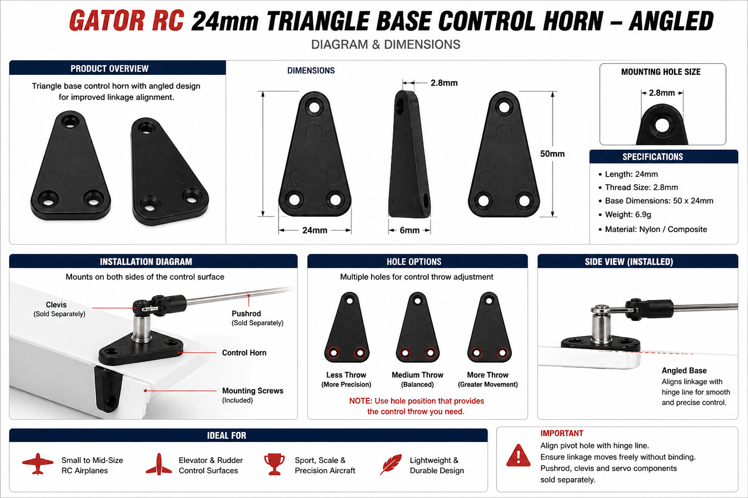 Gator RC 24mm Triangle Base Control Horn – Angled Nylon