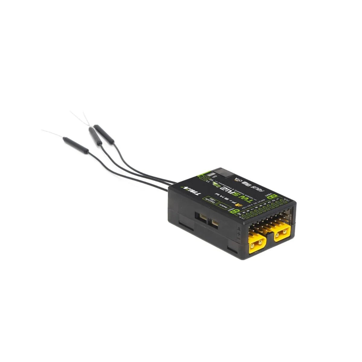 Black electronic module with two wires on a white background. FrSky Twin TW SR12 Stabilized Receiver – Dual 2.4GHz Telemetry (12CH)