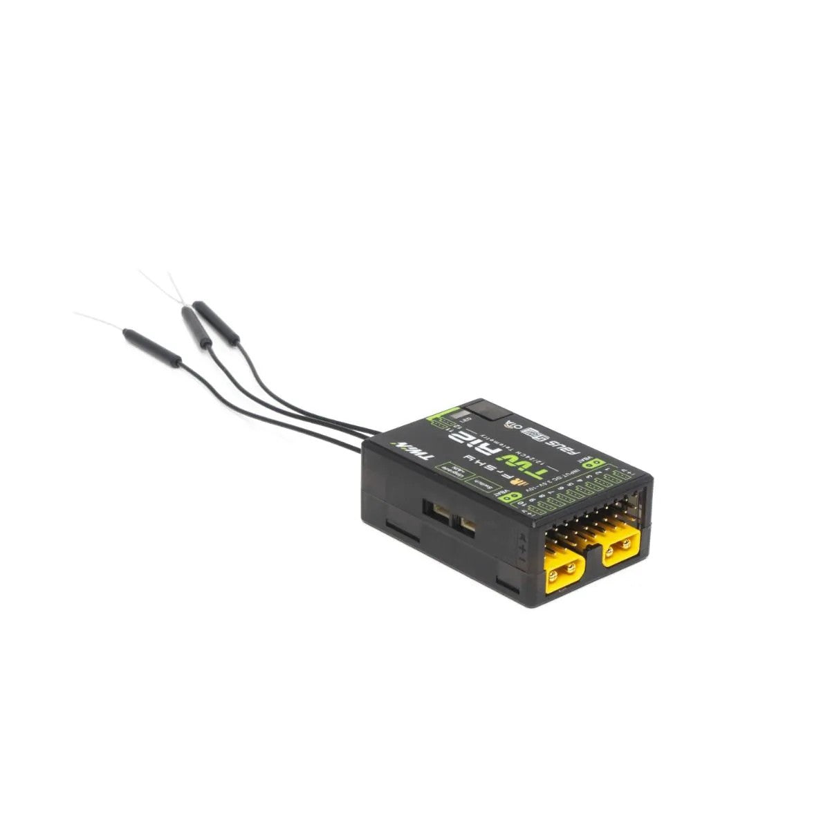 Small electronic device with wires on a white background. FrSky Twin TW R12 Receiver – Dual 2.4GHz Telemetry System (12CH)