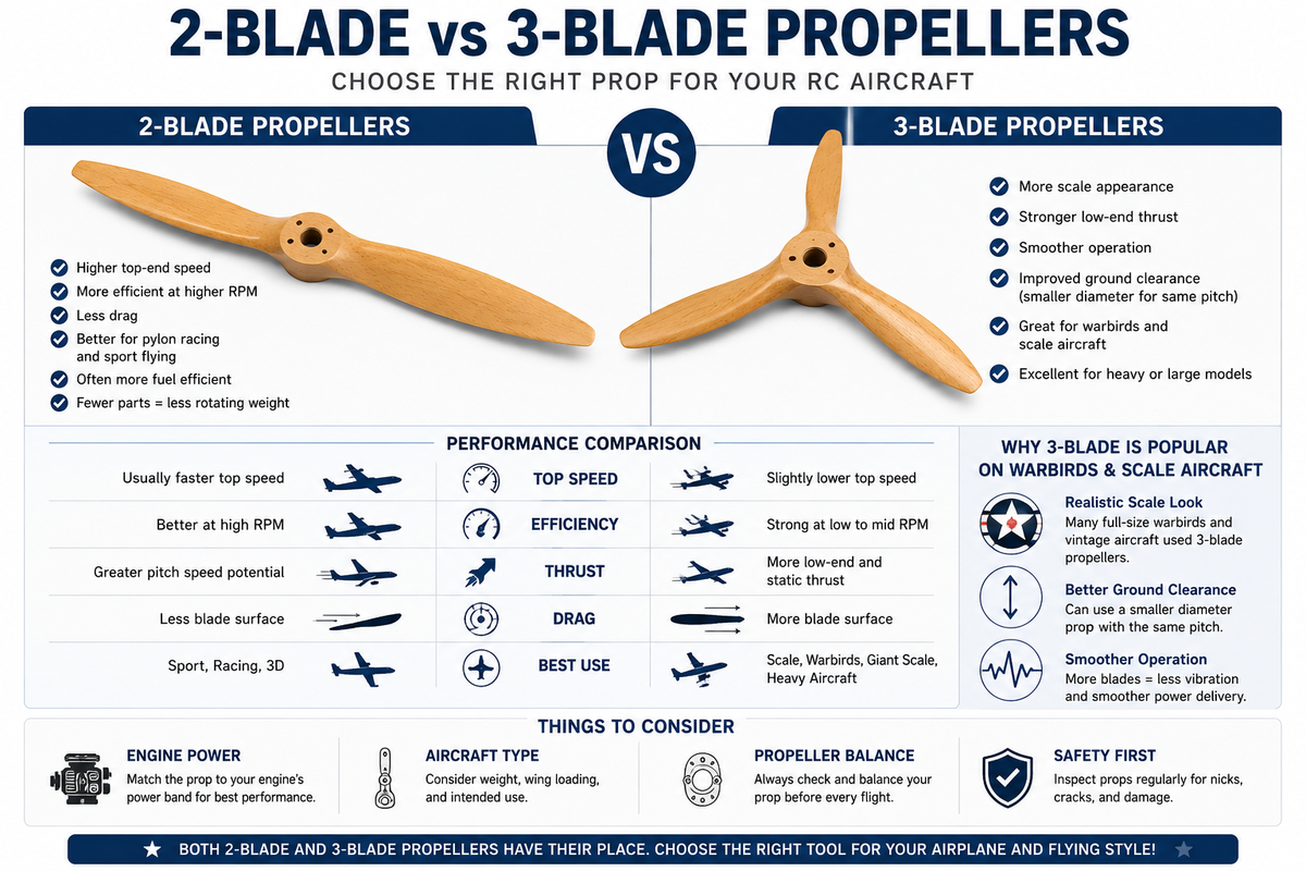 Comparison chart between 2-blade and 3-blade propellers for RC aircraft, featuring illustrations and text.