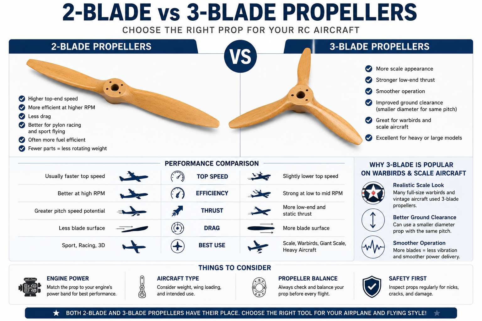 Comparison chart between 2-blade and 3-blade propellers for RC aircraft, featuring illustrations and text.