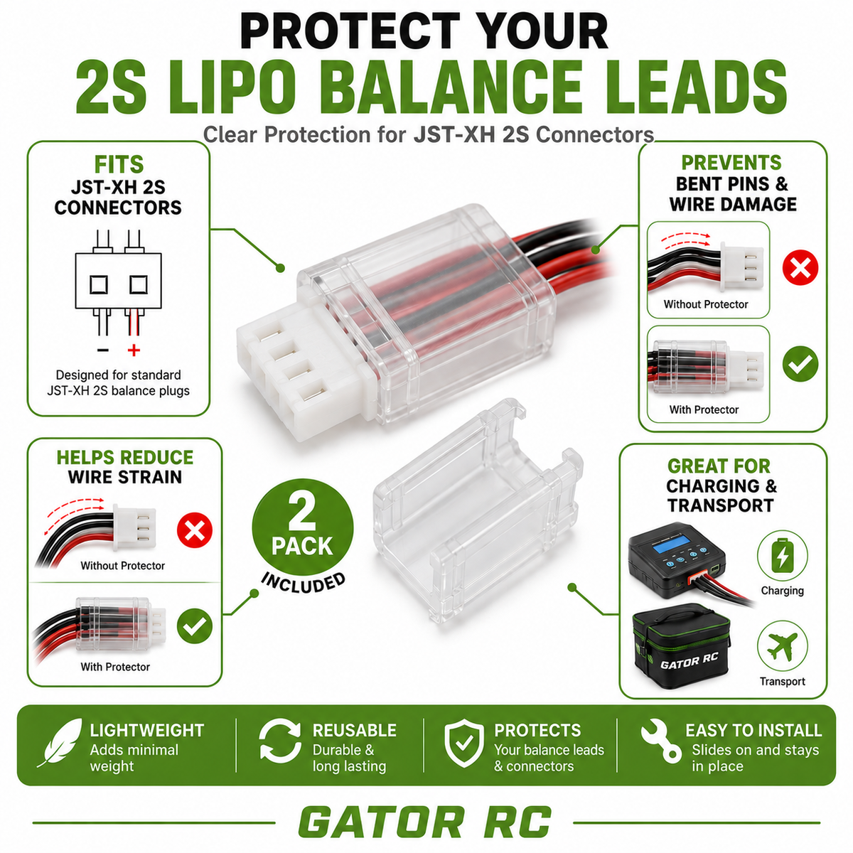Gator RC 2S JST-XH Balance Wire Protector Set – LiPo Balance Lead Protection (2-Pack)