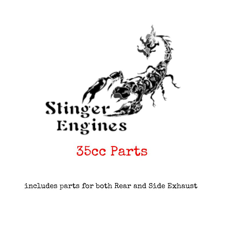 Stinger Engines logo with a scorpion illustration and text about 35cc parts on a white background