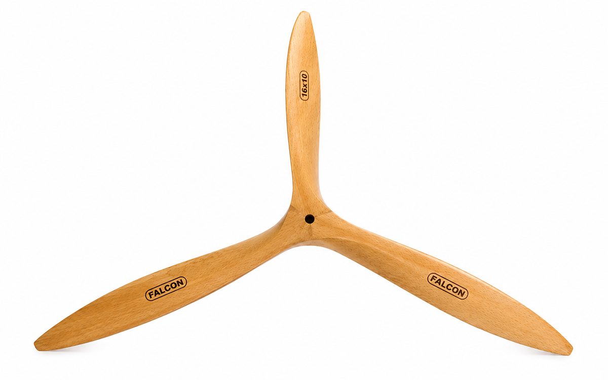 Wooden propeller with 'Falcon' branding on a white background
