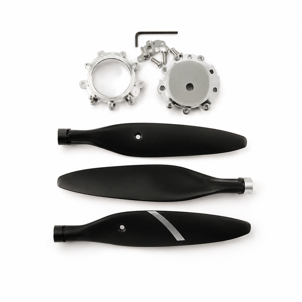 Three black propeller blades with silver metal hubs and a small hex wrench, arranged on a plain white background.