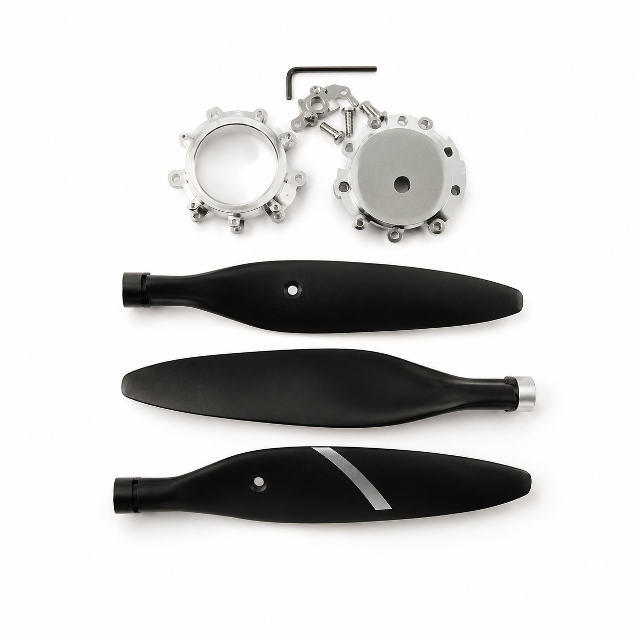 Three black propeller blades with silver metal hubs and a small hex wrench, arranged on a plain white background.