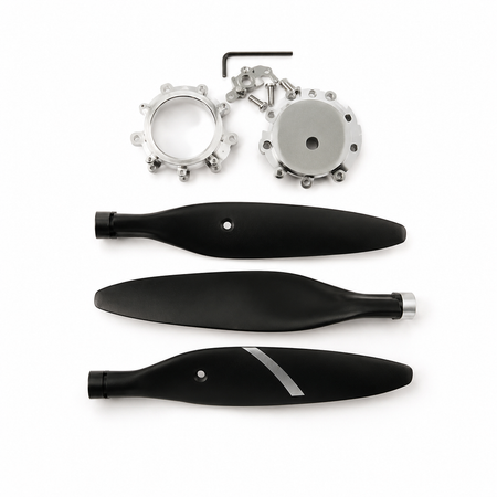 Three black propeller blades with silver metal hubs and a small hex wrench, arranged on a plain white background.