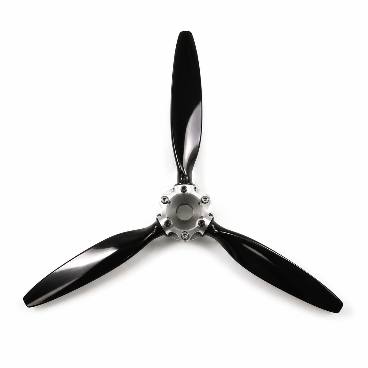A three-blade aircraft or model propeller with glossy black blades and a silver metal hub, shown against a plain white background.