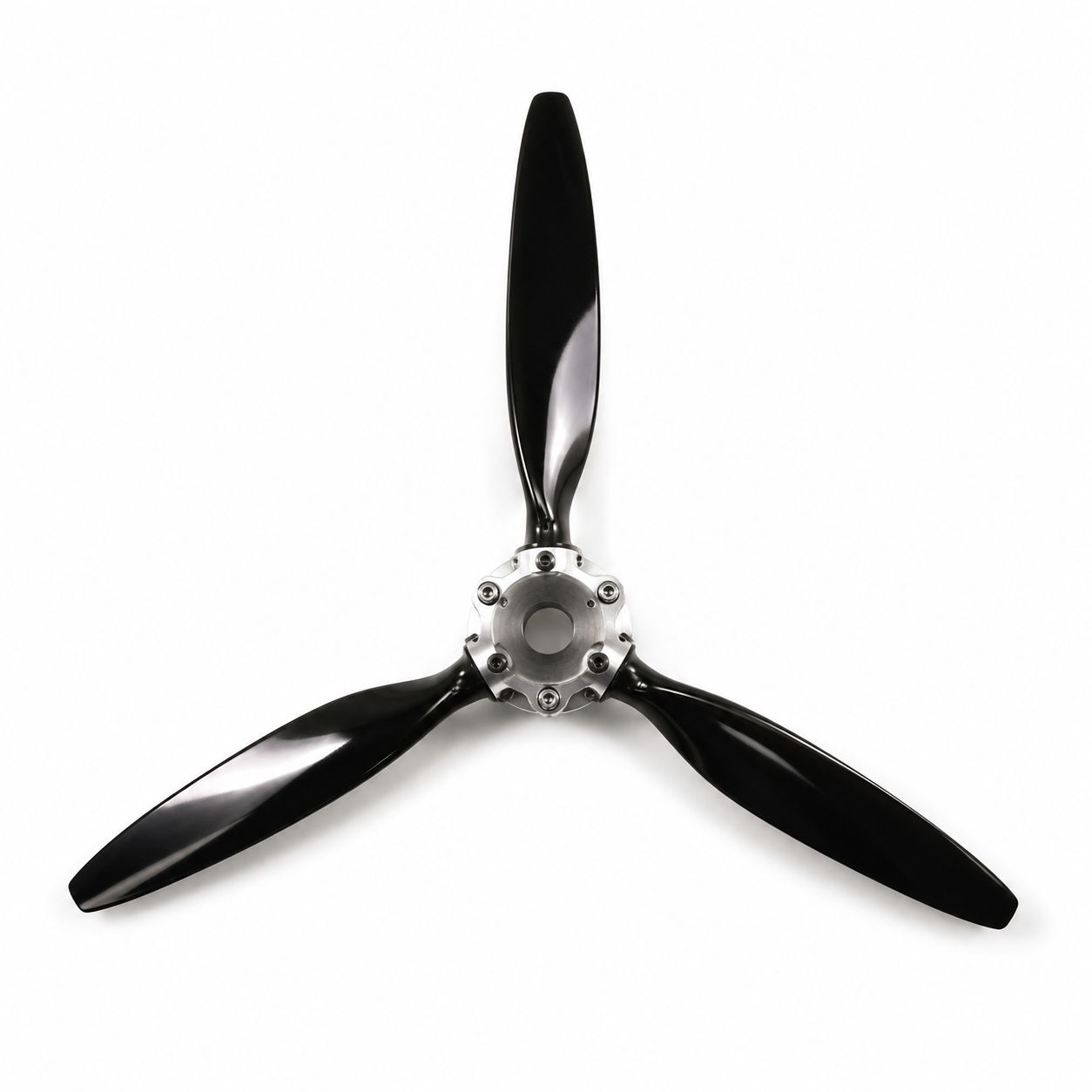 A three-blade aircraft or model propeller with glossy black blades and a silver metal hub, shown against a plain white background.
