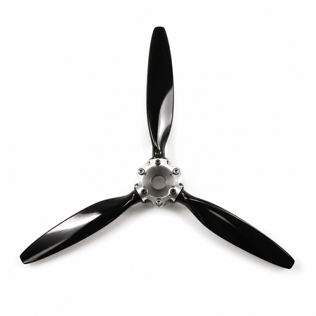 A three-blade aircraft or model propeller with glossy black blades and a silver metal hub, shown against a plain white background.