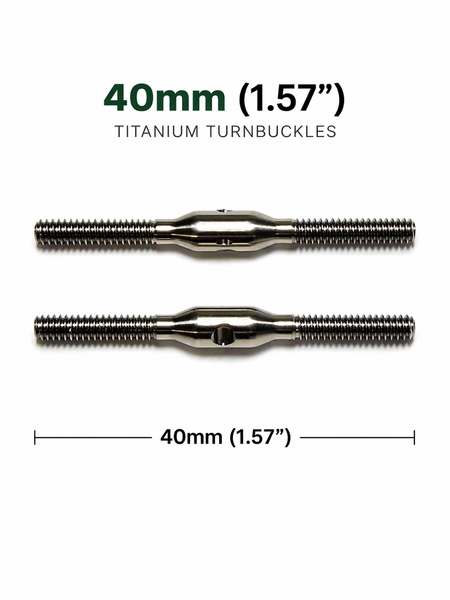 Two 40mm titanium turnbuckles on a white background with measurement text.