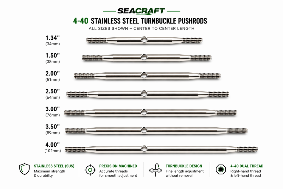 Secraft Stainless Steel 4-40 Turnbuckle Pushrods (2-Pack) - Multiple Sizes