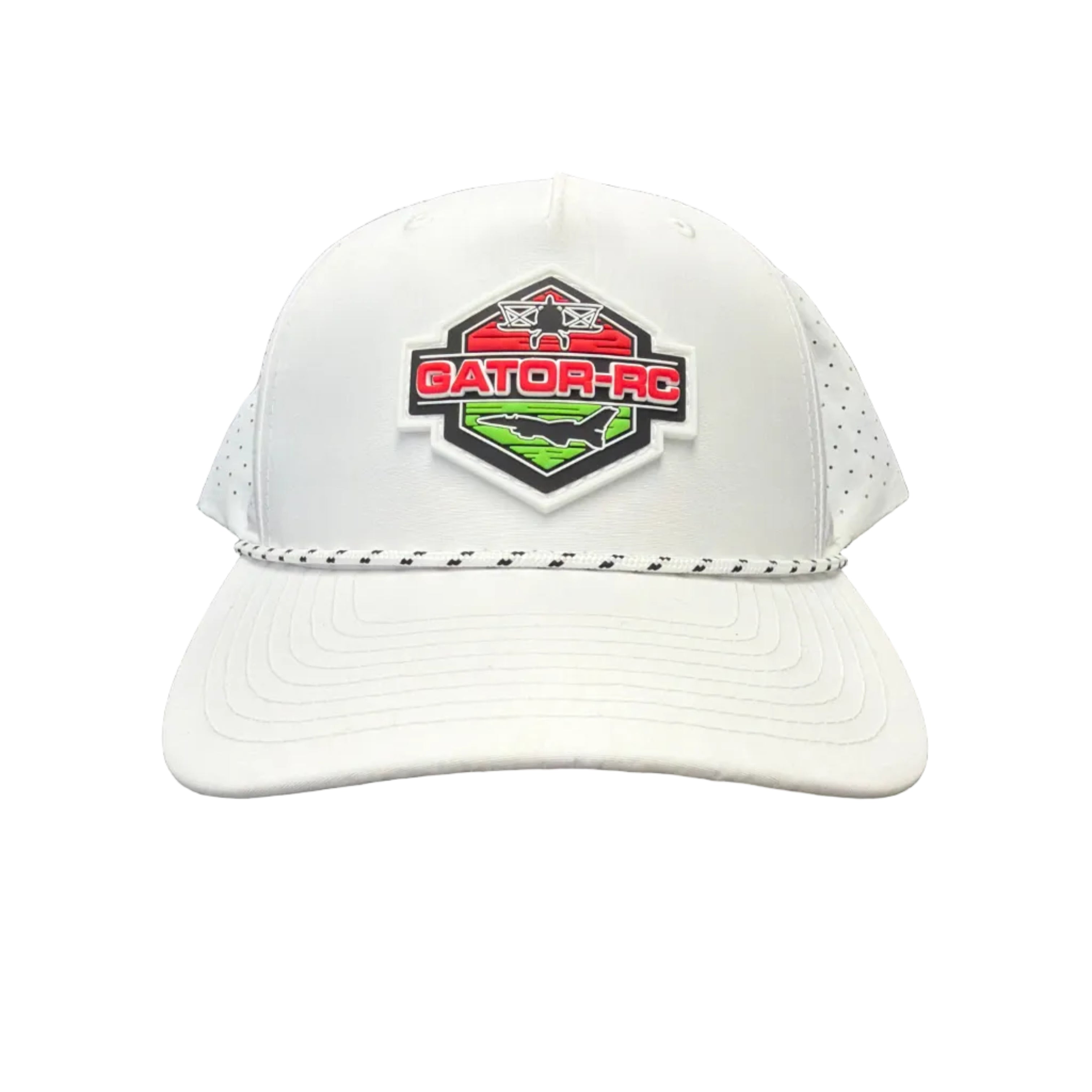 White protective gear with a logo on a dark surface