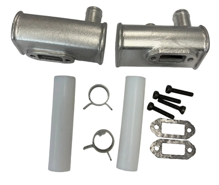 Metal valve assembly with white sleeves and black screws on a white background. 63cc Parts for Stinger Engines
