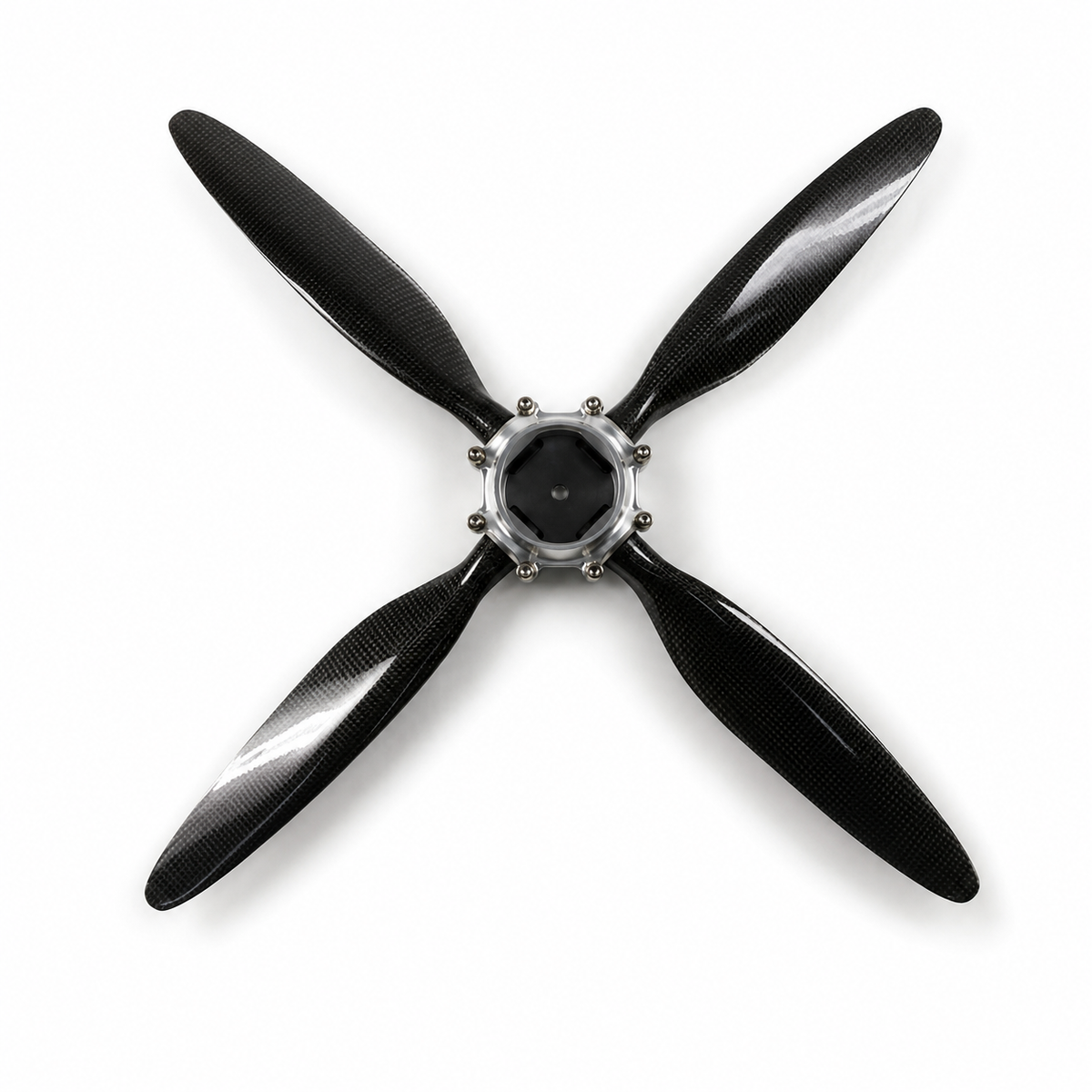 A four-blade carbon fiber propeller with a metallic silver hub, shown from a top-down perspective on a white background.