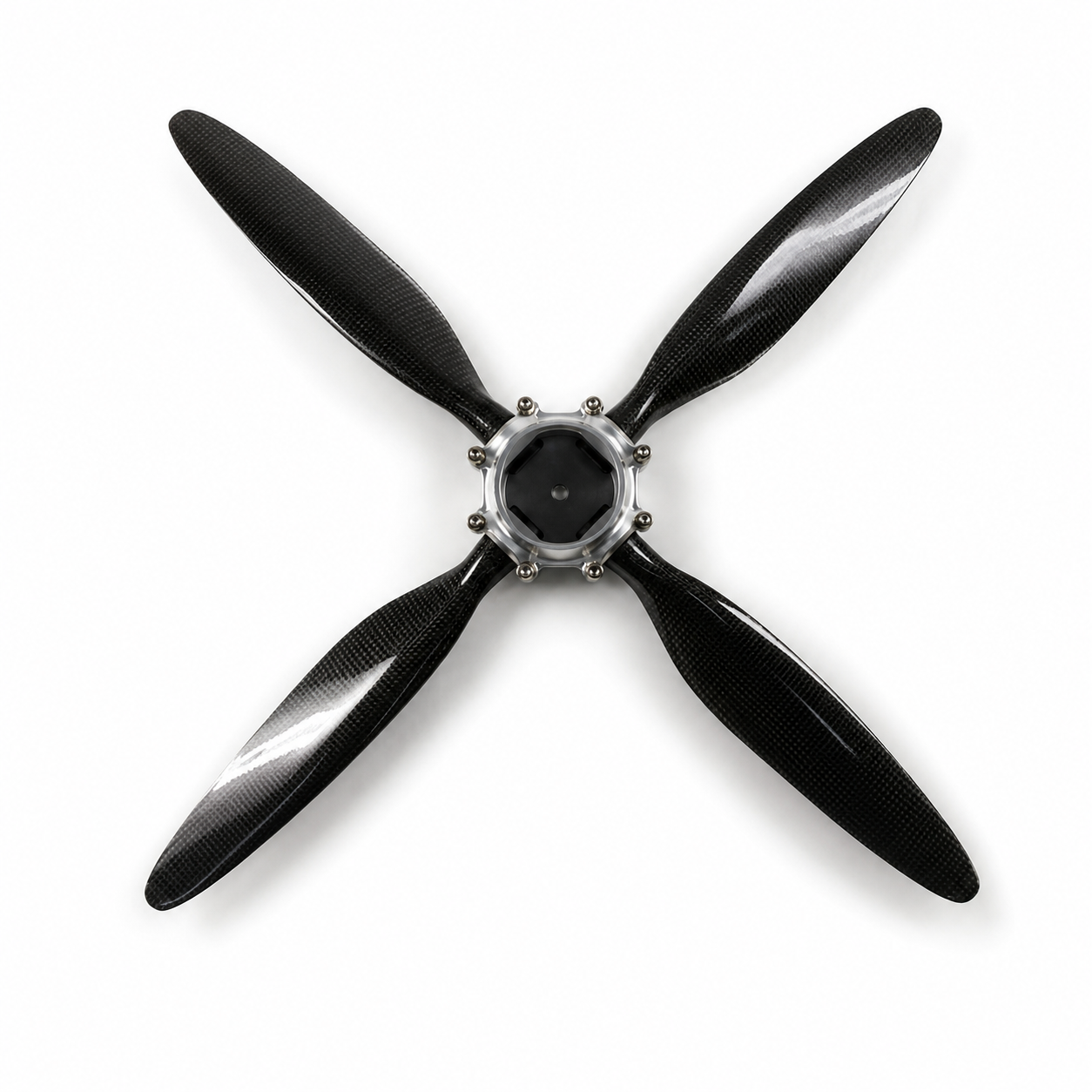 A four-blade carbon fiber propeller with a metallic silver hub, shown from a top-down perspective on a white background.