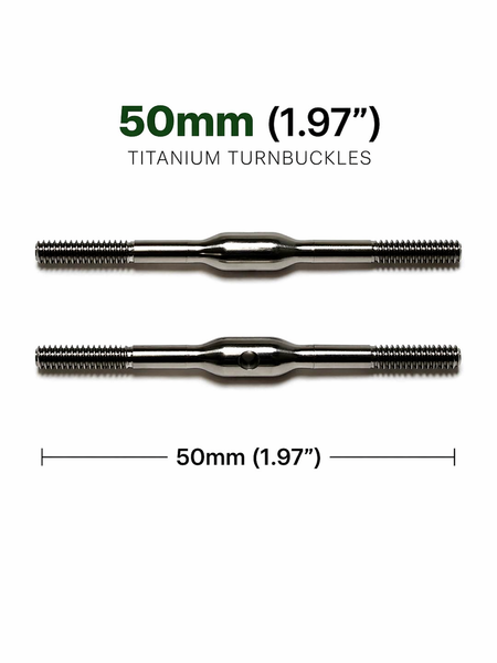 Two titanium turnbuckles with measurement details on a white background