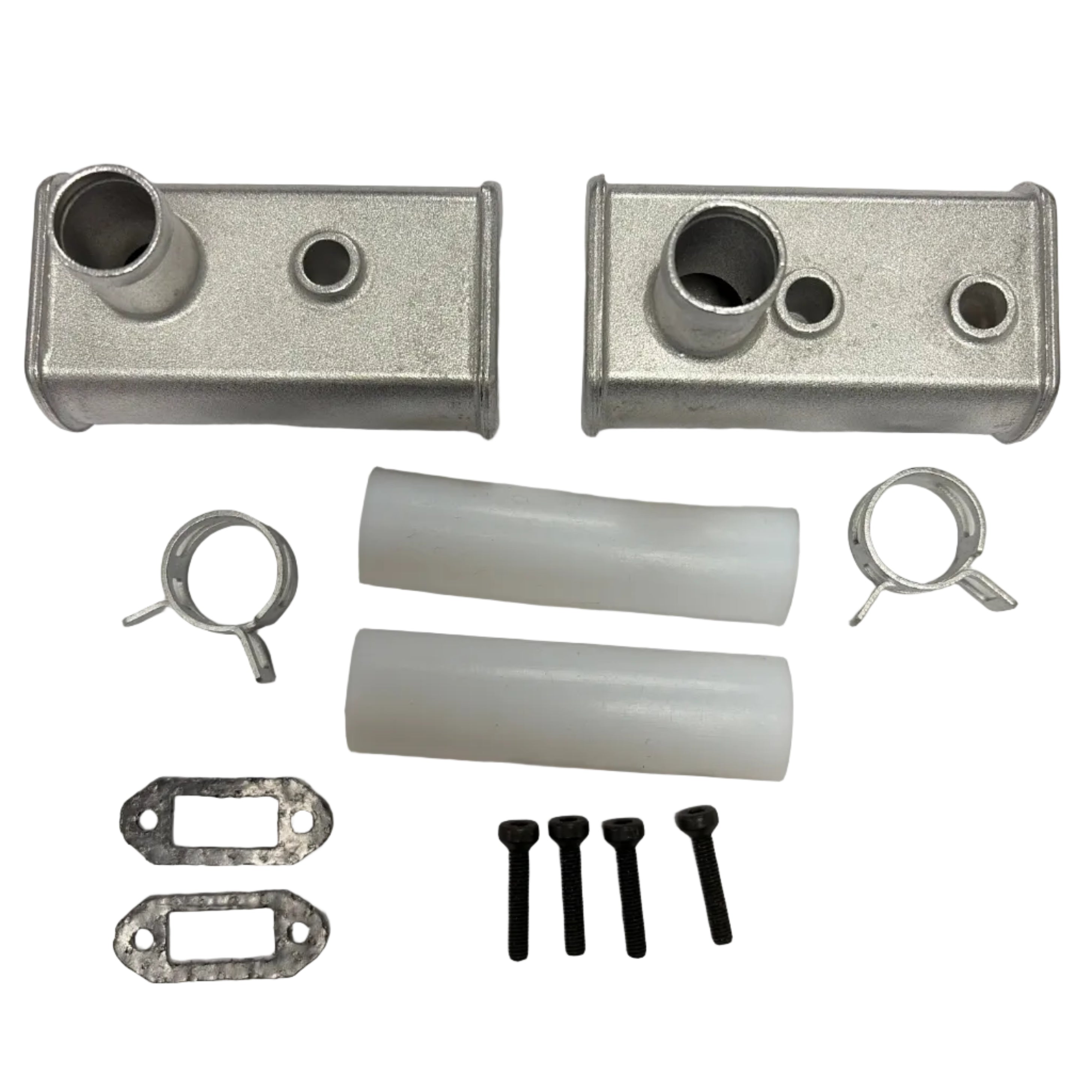 Mechanical parts kit including metal blocks, tubes, and fasteners on a white background. 40cc Parts for Stinger Engines
