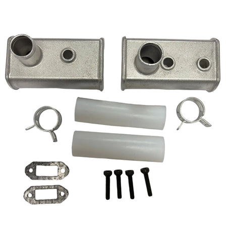 Mechanical parts kit including metal blocks, tubes, and fasteners on a white background. 40cc Parts for Stinger Engines