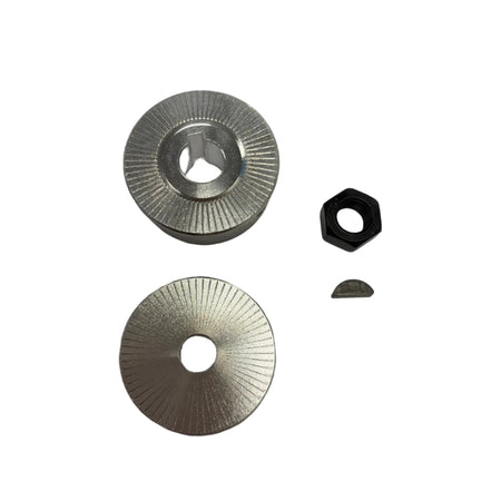 Set of metal components including two circular metal parts and a hex nut on a white background. 15cc Parts for Stinger Engines
