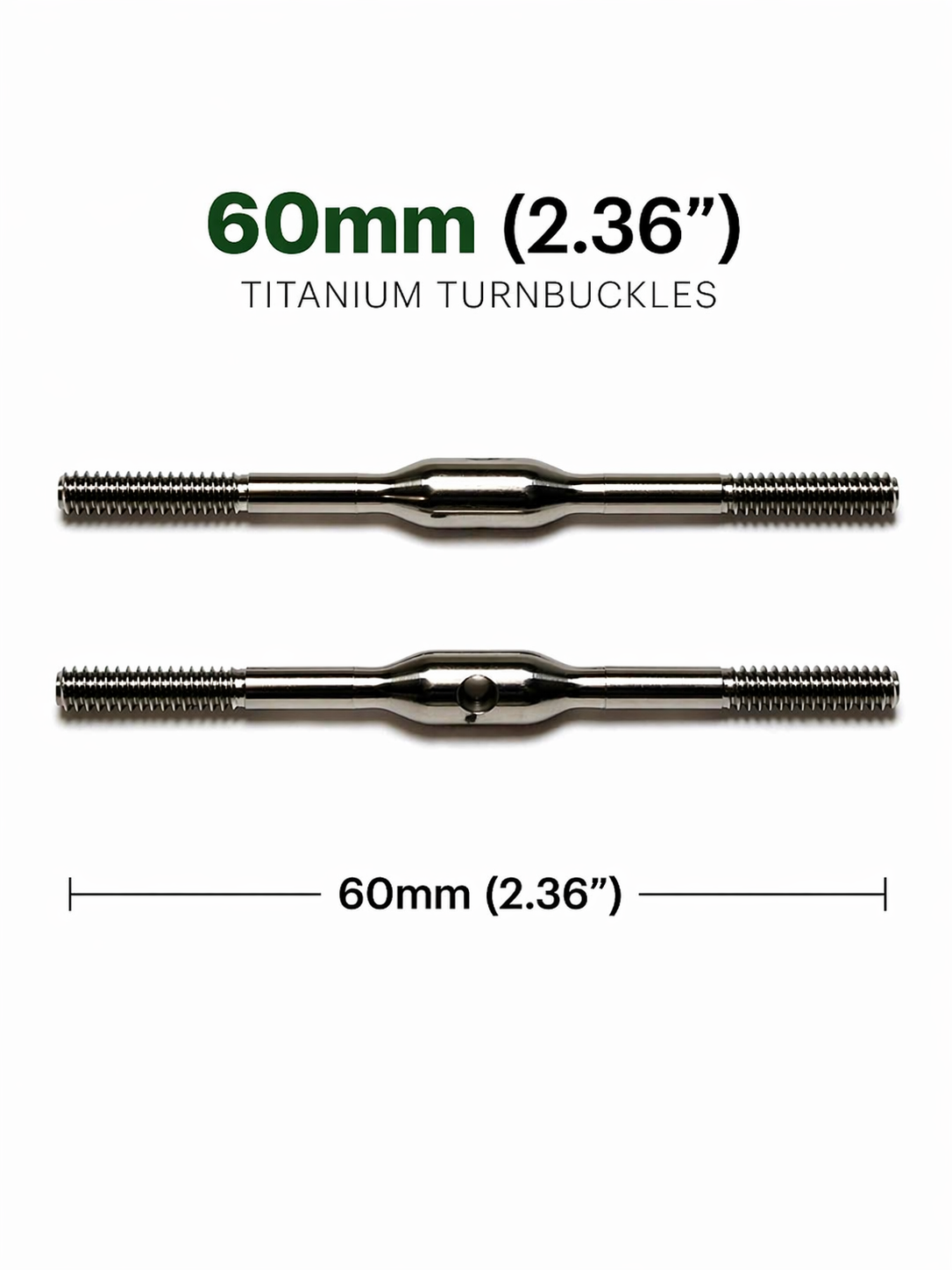 Two 60mm titanium turnbuckles with measurement text on a white background