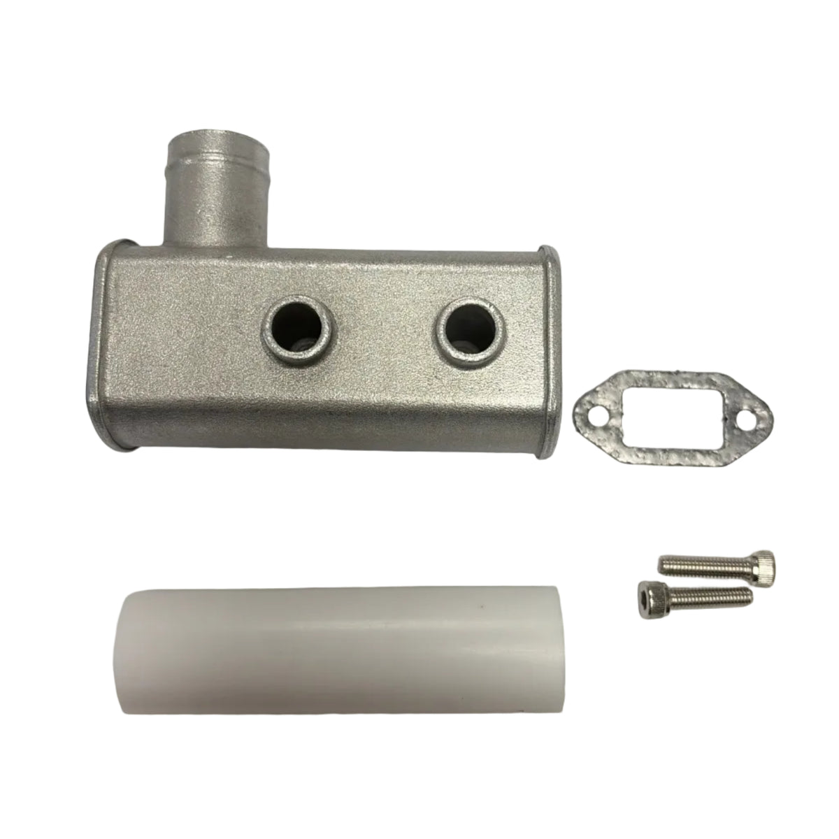 Metal component with cylindrical holes on a white background. 35cc Parts for Stinger Engines