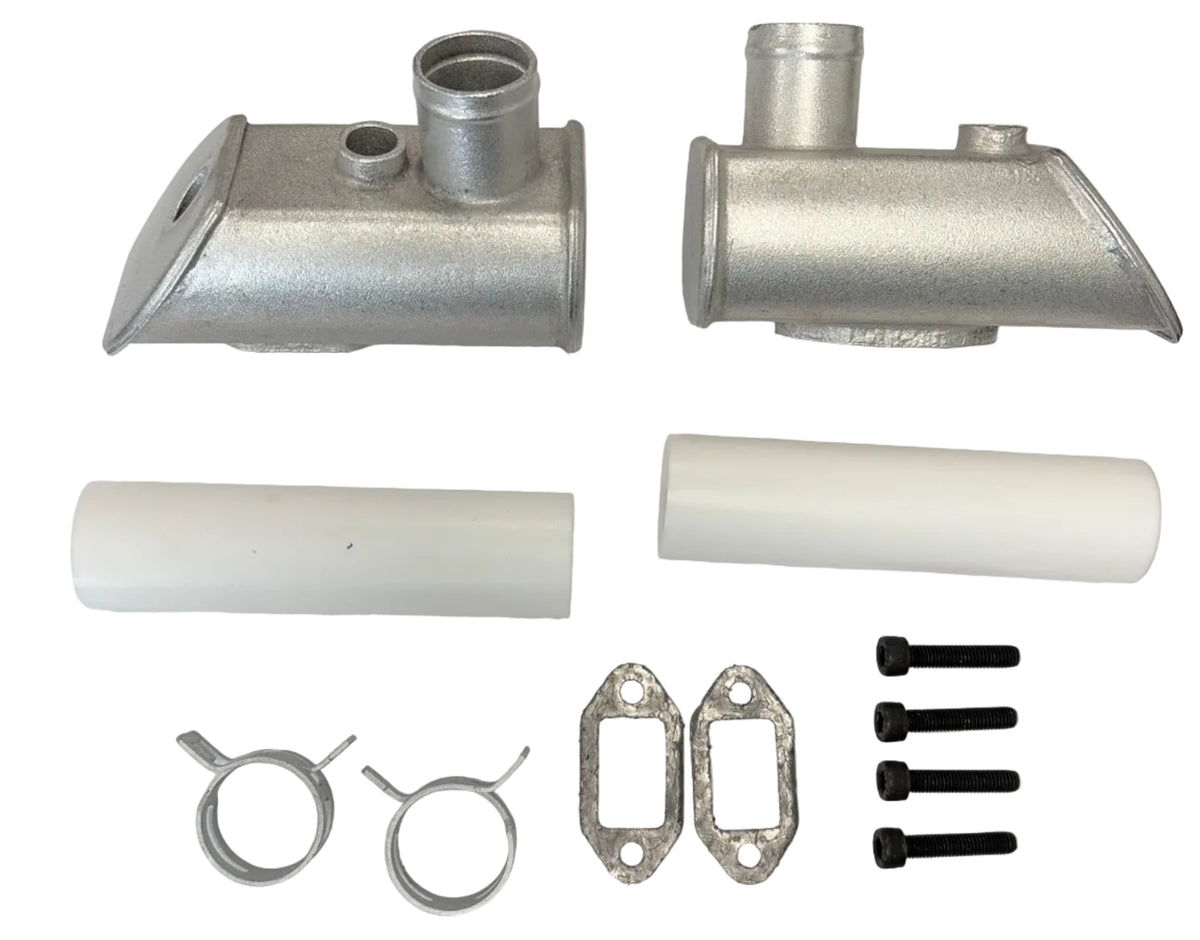Mechanical parts including metal pipes, gaskets, and bolts on a white background. 70cc Parts for Stinger Engines