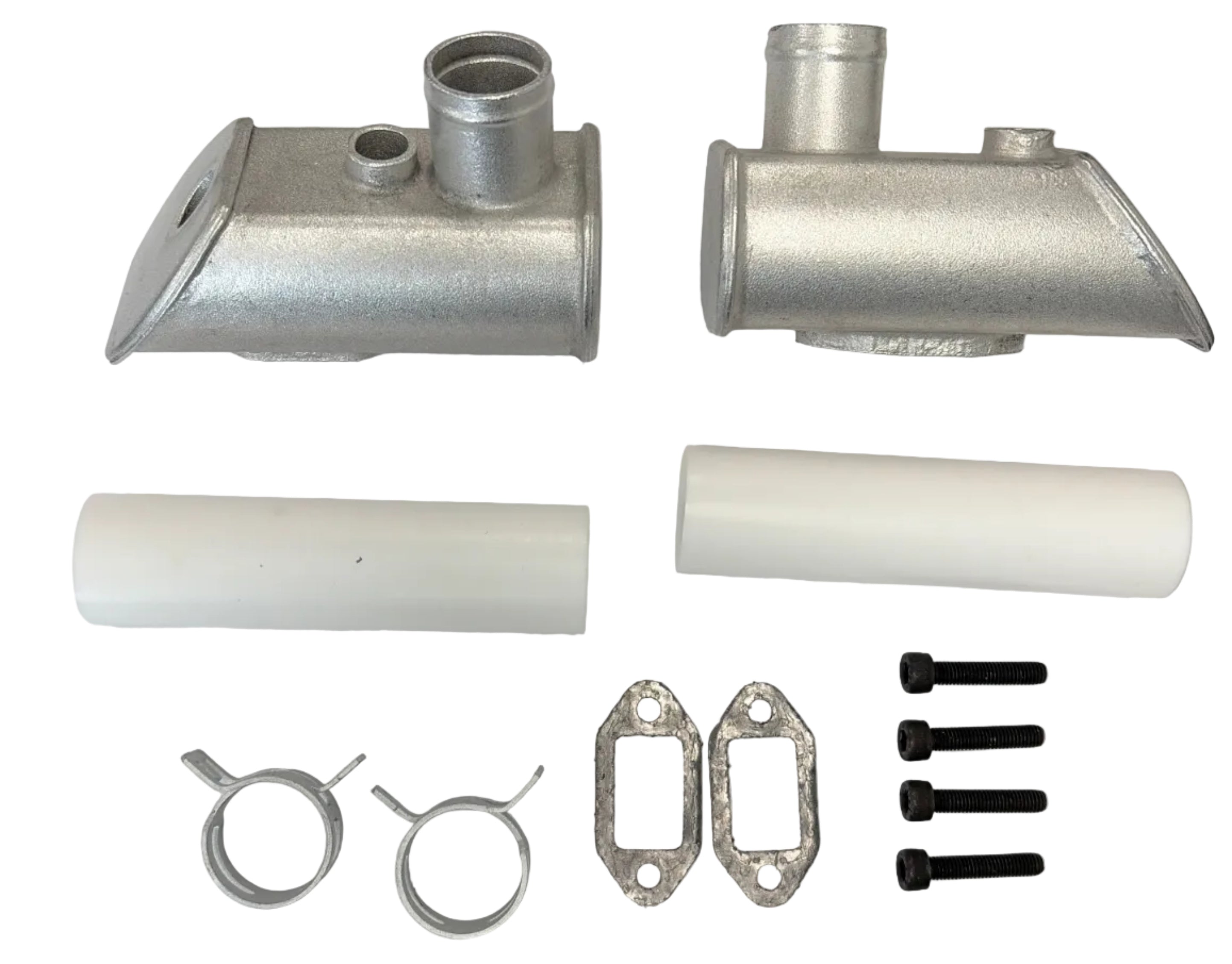 Mechanical parts including metal pipes, gaskets, and bolts on a white background. 70cc Parts for Stinger Engines