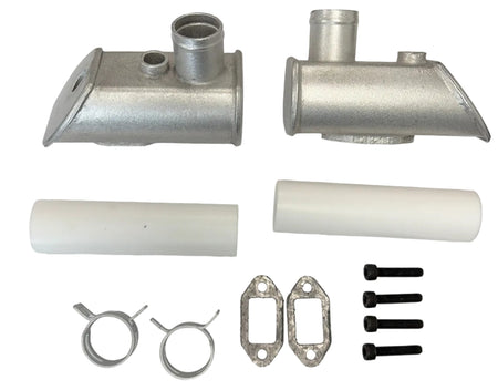 Mechanical parts including metal pipes, gaskets, and bolts on a white background. 70cc Parts for Stinger Engines
