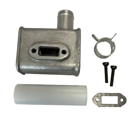 Mechanical parts including a metal block, white tube, and small metal components on a white background. 63cc Parts for Stinger Engines
