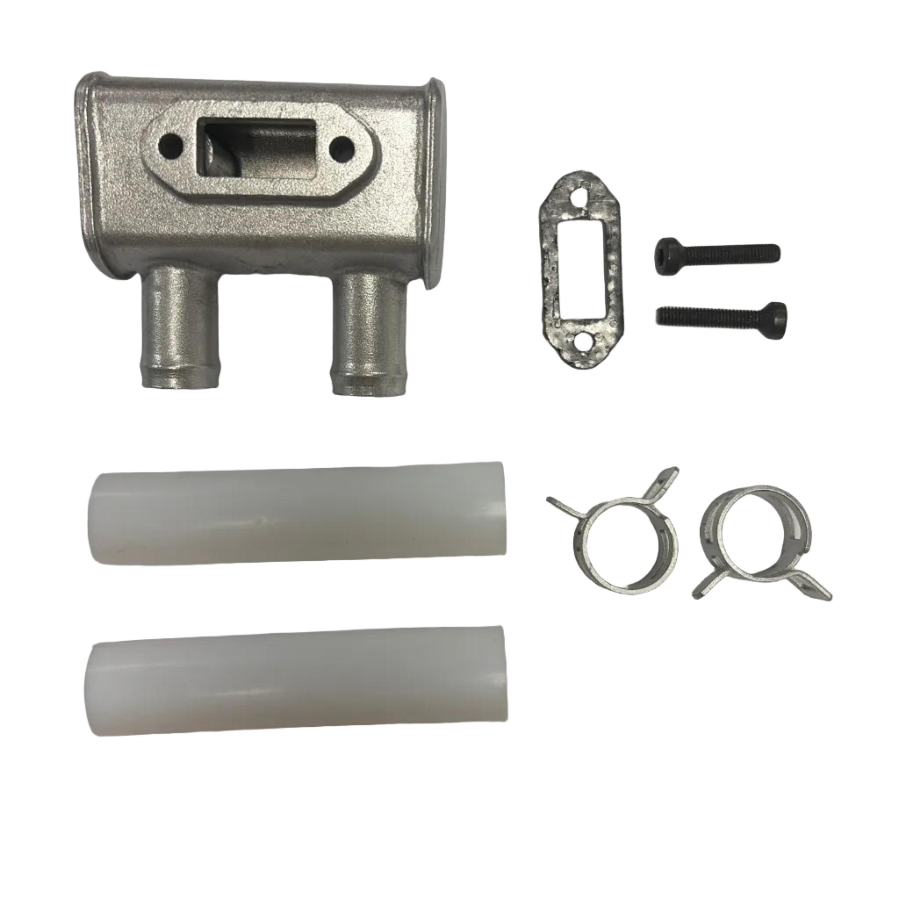 Mechanical parts including a metal block, tubes, and screws on a white background. 10cc Parts for Stinger Engines