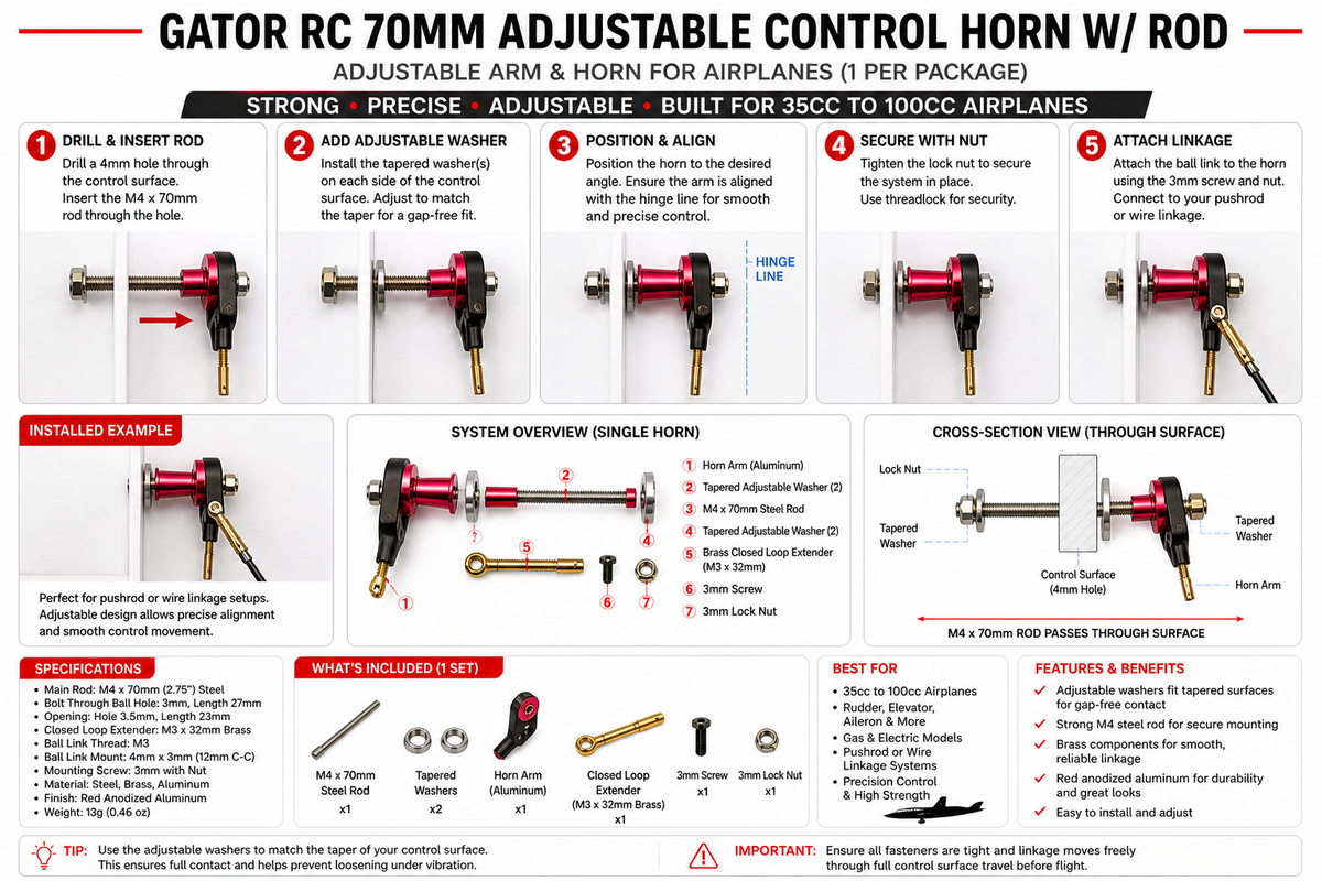 Control Horn, 70mm Adjustable Base w/ Rod