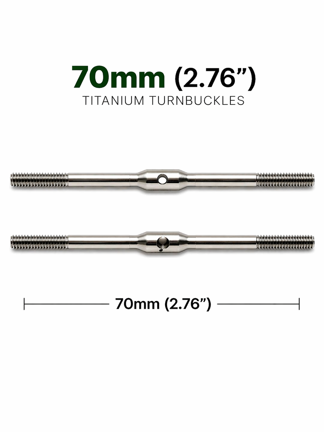 Two titanium turnbuckles with measurement text on a white background
