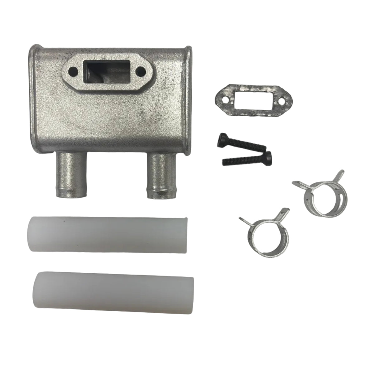 Mechanical parts including a metal box, white cylindrical components, and small metal items on a white background. 15cc Parts for Stinger Engines