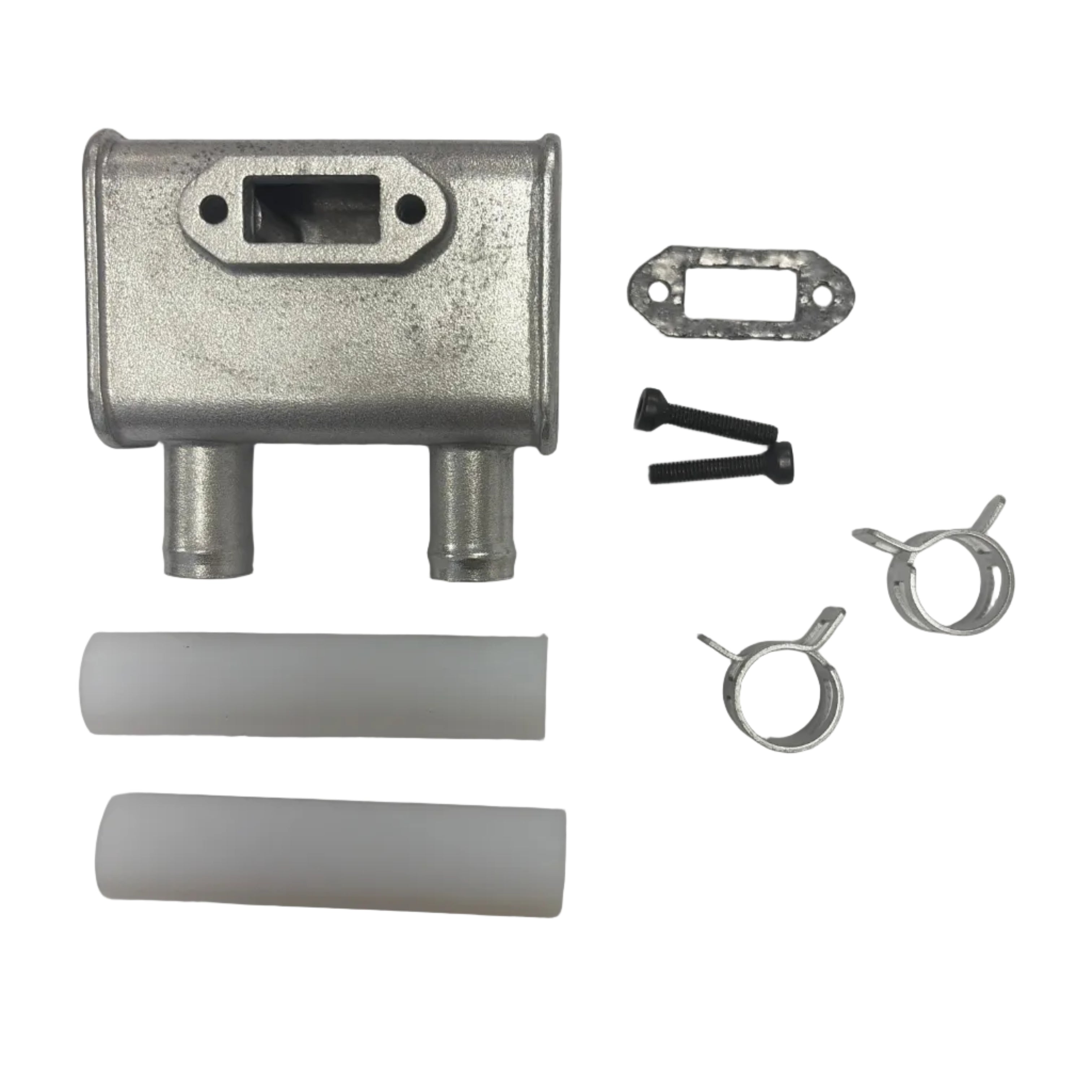 Mechanical parts including a metal box, white cylindrical components, and small metal items on a white background. 15cc Parts for Stinger Engines