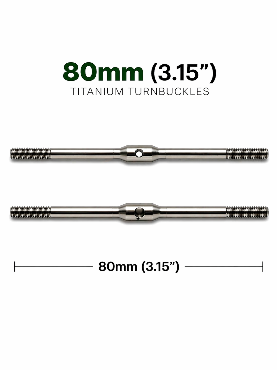 Two titanium turnbuckles with measurement label on a white background