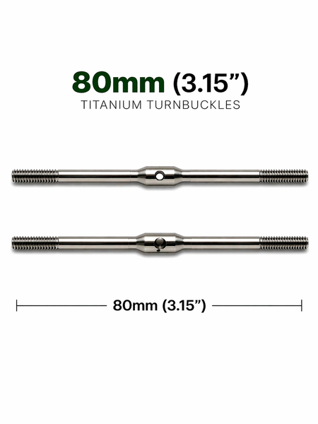 Two titanium turnbuckles with measurement label on a white background