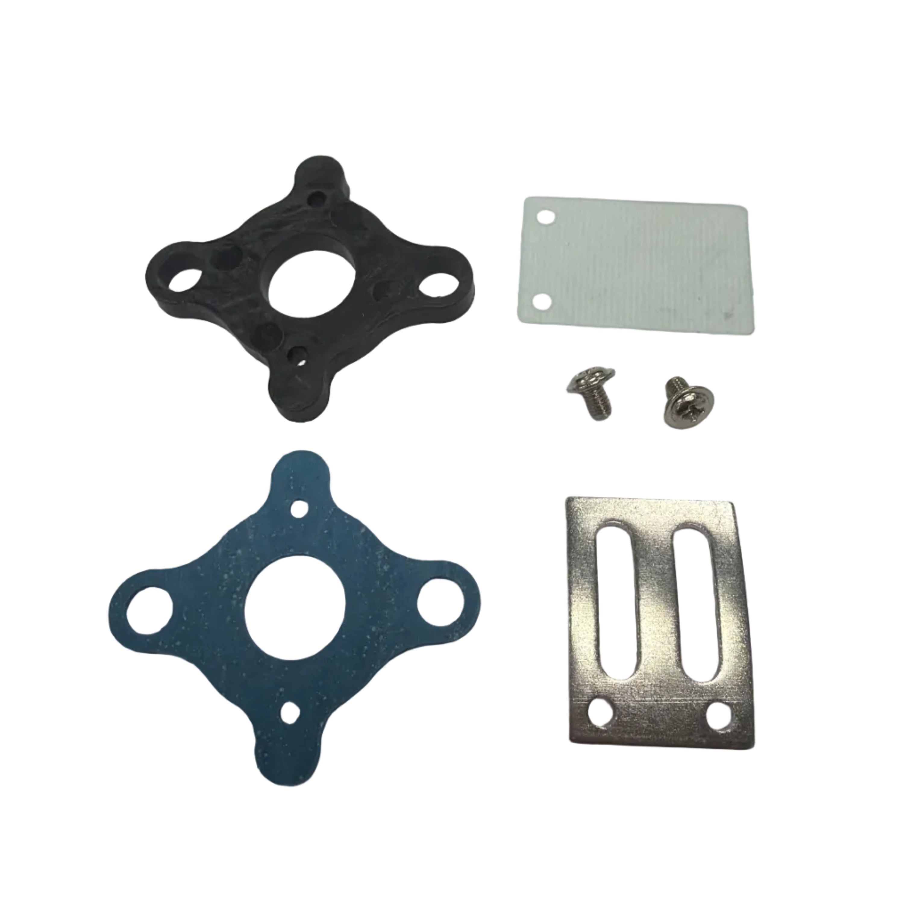 Mechanical parts including a black and blue gasket, metal bracket, and screws on a white background. 15cc Parts for Stinger Engines