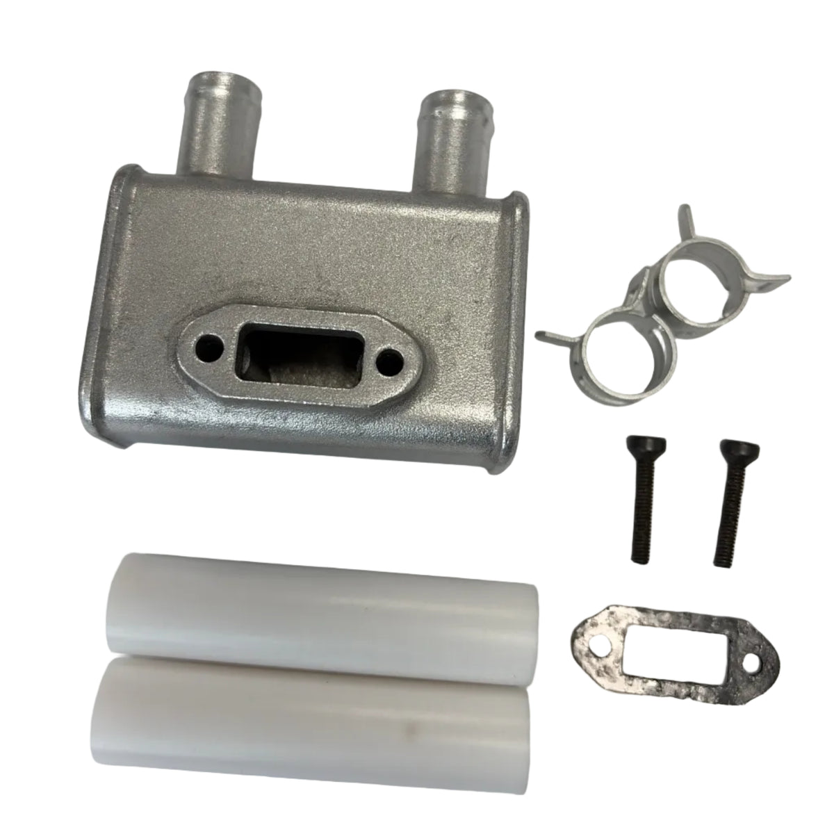 Mechanical parts including a metallic block with cylindrical components on a white background. 63cc Parts for Stinger Engines
