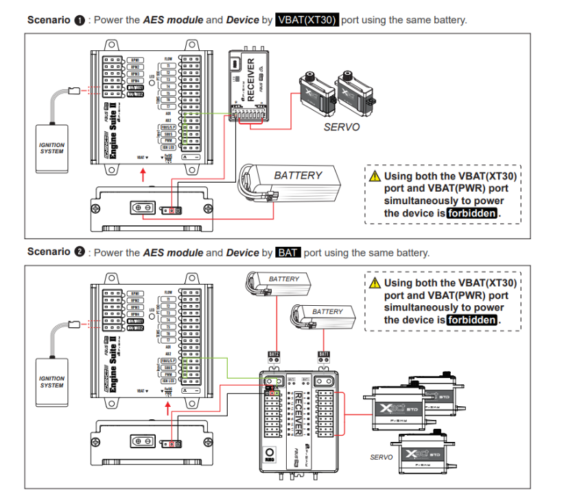 Technical diagram showing power connections for AES module and device using VBAT and BAT ports.